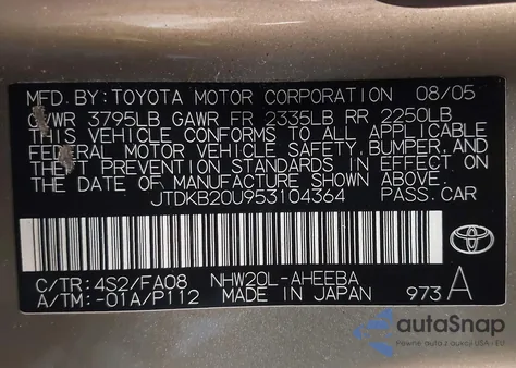 2005 Toyota Prius from USA, damaged, VIN JTDKB20U953104364